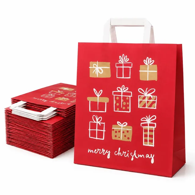 Ecocart Christmas Shopper Carta 26x13x33 Rosso Oro 50pz Manico Piatto